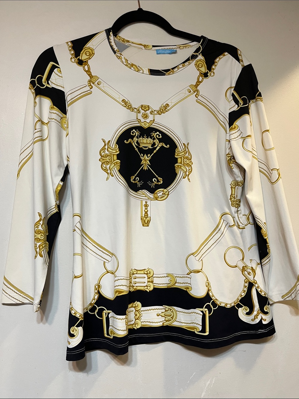 Women's White & Black and gold baroque equestrian inspired key Motif ,Stretch  M